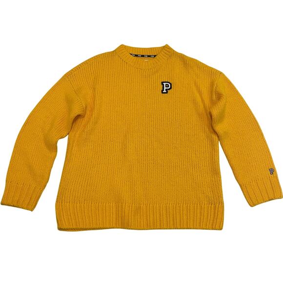 VS PINK Oversized Varsity Sweater | Mustard Yellow Knit, Y2K College Pullover, M - Picture 1 of 10